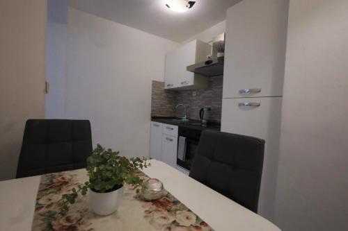 una cocina con una mesa con una maceta. en Apartment ZORA en Knin