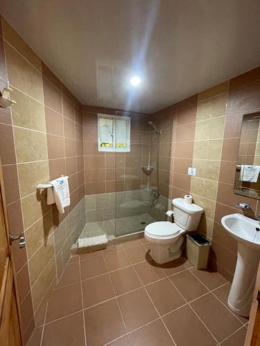 a bathroom with a toilet and a shower and a sink at Karimar Beach Condo Hotel in Punta Cana