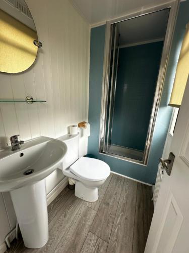 uma casa de banho com um WC branco e um lavatório. em Bunnahabhain 5 - Farm Stay - Stunning sea and rural views em Stranraer