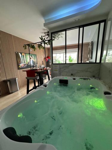 Habitación con bañera grande con agua verde. en Love room nantais, en Nantes