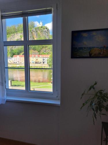 a window with a view of a body of water at Apartmán U Rogala in Děčín