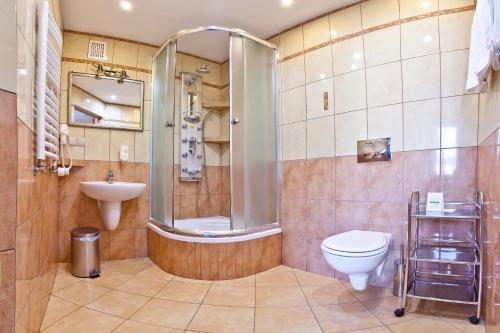 a bathroom with a shower and a toilet and a sink at Urocza Art Pensjonat in Krynica Zdrój