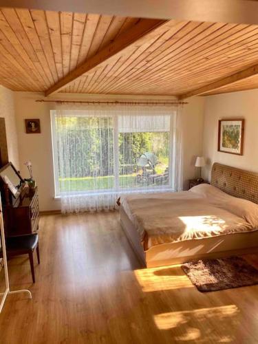 a bedroom with a large bed and a large window at Perfectly located summerhouse in Druskininkai