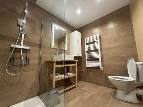 une salle de bain avec toilettes et douche en verre dans l'établissement Maison 2chambres 3lits, à Nizas
