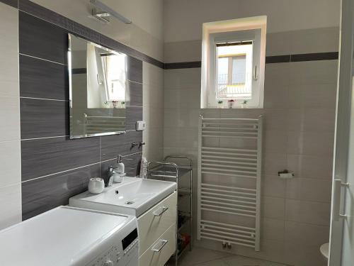 茲拉帖霍里的住宿－Apartmán Rézi，白色的浴室设有水槽和镜子