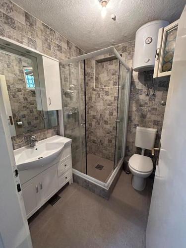 a bathroom with a shower and a toilet and a sink at Riba Fish Neum in Neum