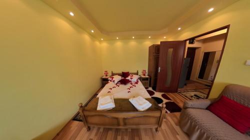ジェオアジウ・バイにあるApartament Cristianのベッド1台とソファが備わる小さな客室です。