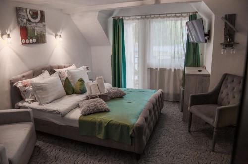 a bedroom with a bed and a chair and a television at Anelisse Inn in Moieciu de Sus