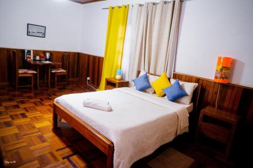 Schlafzimmer mit einem Bett mit blauen und gelben Kissen in der Unterkunft L'anis Etoilé in Antsirabe