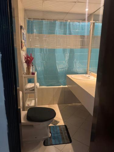 baño con aseo negro y lavamanos en DALA MASTER Bedroom En-suite, en Sharjah