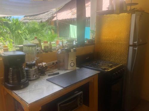 una cocina con encimera y licuadora. en Casa Lilo Mahahual - privat house en Mahahual