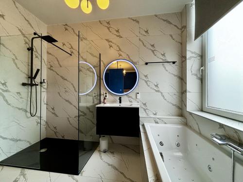 a bathroom with a sink and a mirror at Maison du Roi in Liège