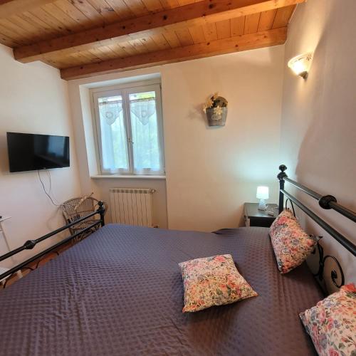 a bedroom with a bed with two pillows and a television at La Casa di Angi in Onore