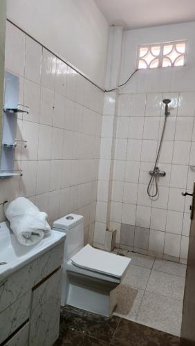 a white bathroom with a toilet and a shower at Diadia Apartment 2 in Dakar