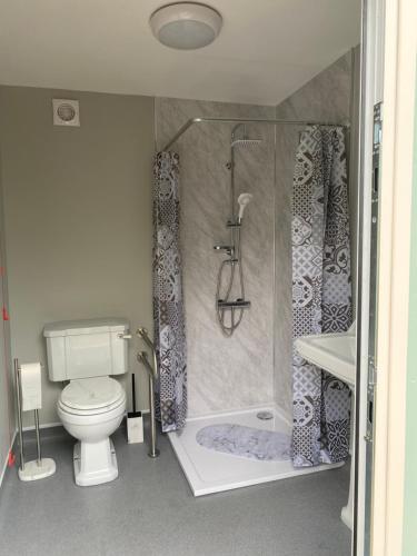 a bathroom with a shower and a toilet and a sink at Amelia Vera in Lincolnshire