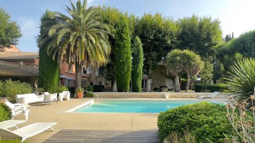 una piscina en un patio con palmeras en Maison avec piscine chauffée, jacuzzi et sauna 26p, en Caderousse