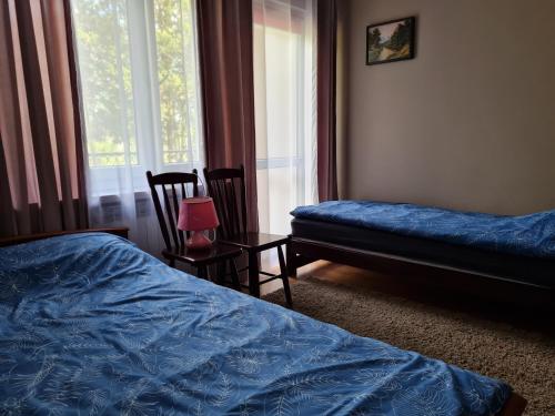 a bedroom with a bed and a chair and a window at Gospodarstwo Agroturystyczne Julia in Czeremcha