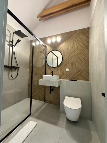 a bathroom with a toilet and a sink and a shower at Zakątek nad Wkrą in Goławice