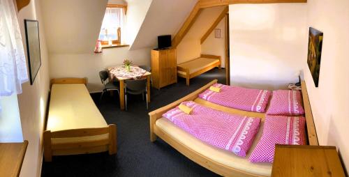 um pequeno quarto com uma cama e uma mesa em Penzion Eliška em Petříkov