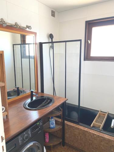 une salle de bain avec un lavabo et un miroir dans l'établissement SCI MD, à Porto-Vecchio