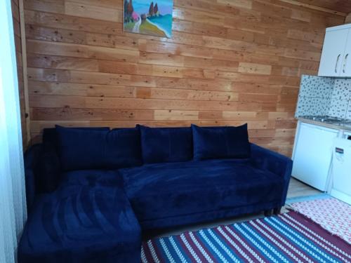 ein Wohnzimmer mit einem blauen Sofa und Holzwänden in der Unterkunft Arlin Bungalows in Kemer