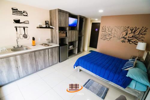 Zimmer mit einem Bett und einem Waschbecken sowie einer Küche in der Unterkunft S11 MINI DEPTO DE LUJO A 5 MINUTOS DEL ITESM CEM S11 in Mexiko-Stadt