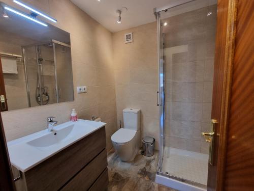 uma casa de banho com um WC, um lavatório e um chuveiro em VISTAMALAGA em Málaga