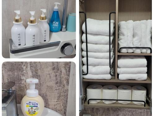 a bathroom with towels and a shelf with towels at Beach Sunset in Jeju