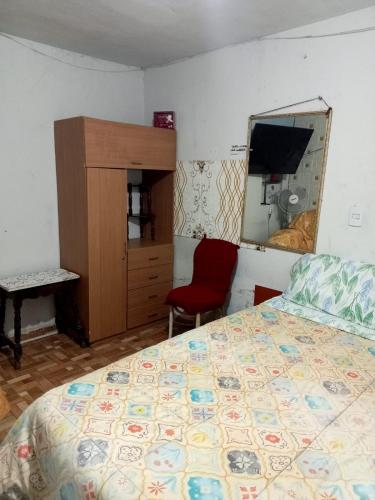 CHIMÚ Lima HOUSE في ليما: غرفة نوم بسرير وخزانة ومرآة