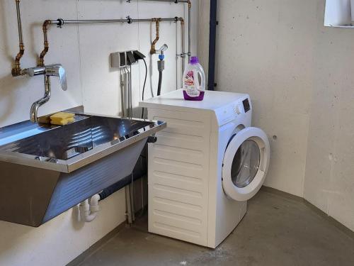 ein Badezimmer mit einem Waschbecken und einer Waschmaschine in der Unterkunft Falken Suites TOP 3 in Kaprun