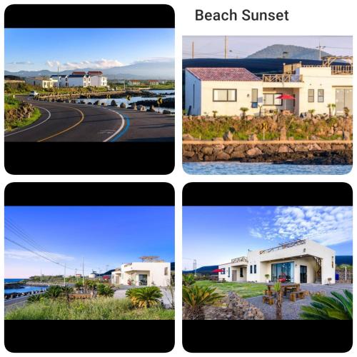 a collage of four pictures of houses and a street at Beach Sunset in Jeju