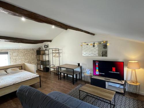 sala de estar con cama y TV en LE SAINT ANDRÉ - Centre-ville - WIFI - Netflix - Disney, en Niort