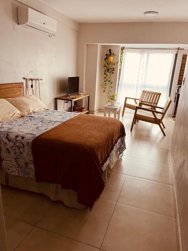 een slaapkamer met een bed, een stoel en een bureau bij Alojamiento Céntrico in Posadas