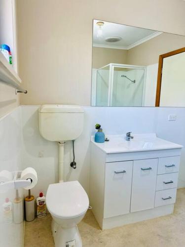 a bathroom with a toilet and a sink and a mirror at Horsham Unit 1 Paddy's Golden Patch in Horsham
