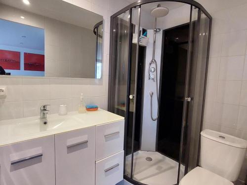 une salle de bain avec une douche, un lavabo et des toilettes dans l'établissement Charmant T2 près de la plage à Pontaillac - FR-1-550-77, à Royan