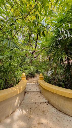 a walkway with bushes and trees in a park at Ceylon Kingsmen Garden - Katunayake Airport Transit Hotels in Negombo
