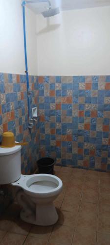 a bathroom with a toilet and a tiled wall at Golden Empress Hotel in Santa Barbara