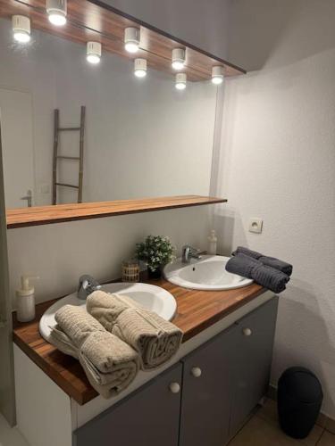 une salle de bain avec un lavabo et un miroir dans l'établissement T3 - Spacieux et au calme - Avec jardin privatif, à Saint-Laurent-de-Médoc