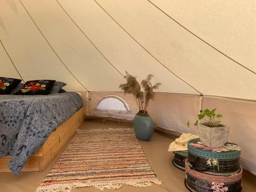 Pädaste Aerga Sunrise Glamping في Pädaste: غرفة نوم في خيمة مع سرير وسجادة
