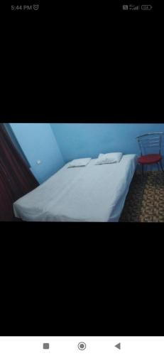 1 dormitorio con cama blanca y silla roja en Moon house, en Bodh Gaya