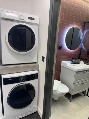 a bathroom with a washing machine and a toilet at Central Place to Stay in Reşiţa
