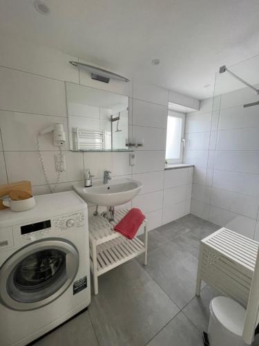 uma casa de banho com uma máquina de lavar roupa e um lavatório em InNatura Velden em Velden am Wörthersee