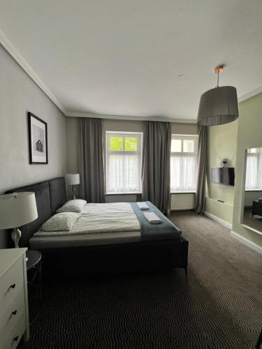 a bedroom with a bed and a large window at CIENISTA 7 APARTMENTS in Lądek-Zdrój