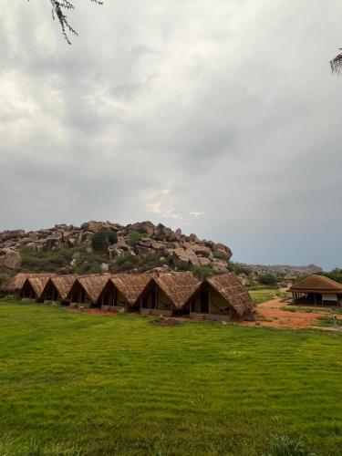 a group of huts in a field with a hill at Tropical Hampi in Hampi