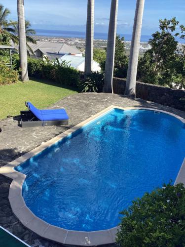 a blue swimming pool with a chair and palm trees at Payanké in La Possession