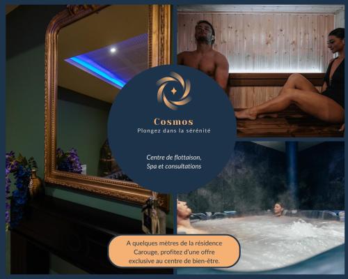 a man taking a bath in a bath tub with a mirror at Résidence Carouge Appart Hôtel in Brétigny-sur-Orge
