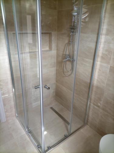 a shower with a glass door in a bathroom at Villa NEA Ilidza in Sarajevo