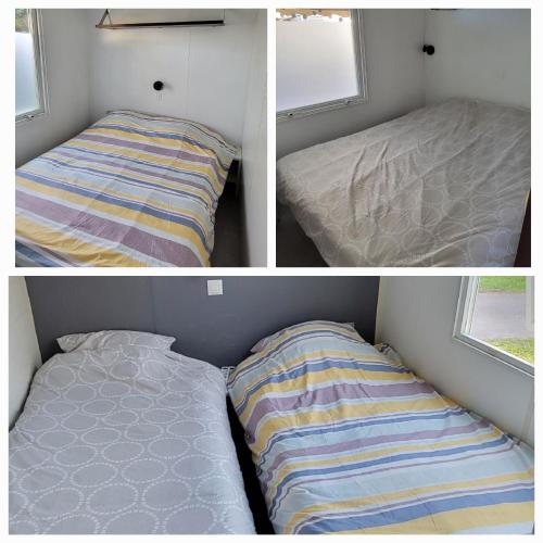 deux photos d'un lit et d'un matelas dans une chambre dans l'établissement Mobilhome 6 personnes 32m2, à Parentis-en-Born