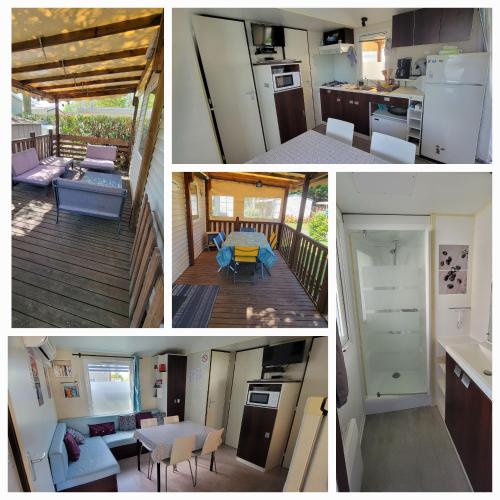 un collage de photos d'une cuisine et d'une maison dans l'établissement Mobilhome 6 personnes 32m2, à Parentis-en-Born