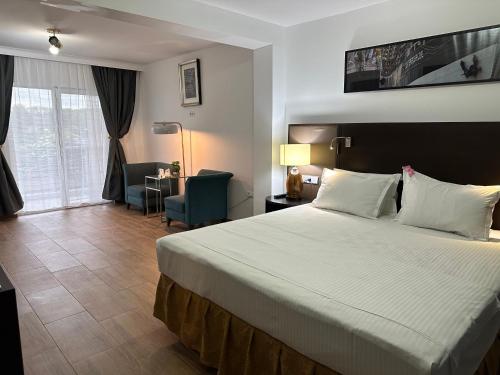 a hotel room with a large bed and a desk at Vila Anda in Eforie Sud